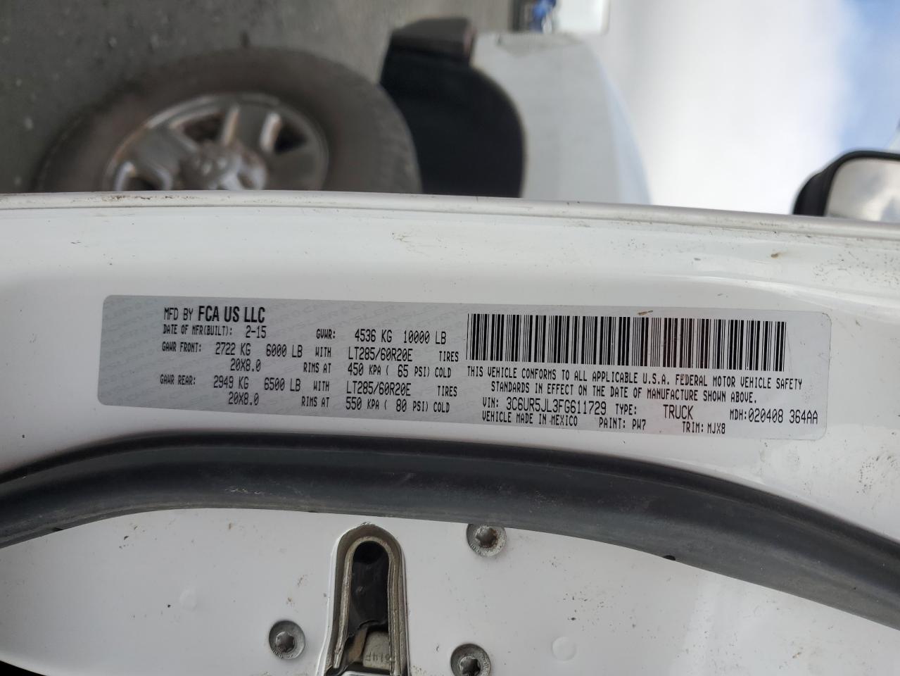 2015 RAM 2500 VIN 3C6UR5JL3FG611729 Copart auction photo, front end damage thumbnail 12