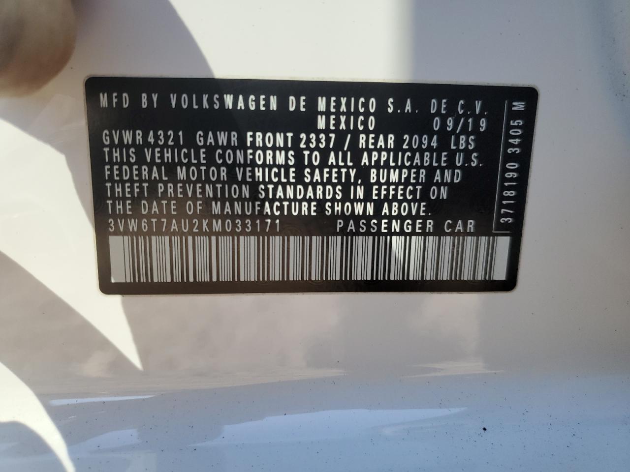 2019 Volkswagen GTI VIN 3VW6T7AU2KM033171 Copart auction photo, front end damage thumbnail 14