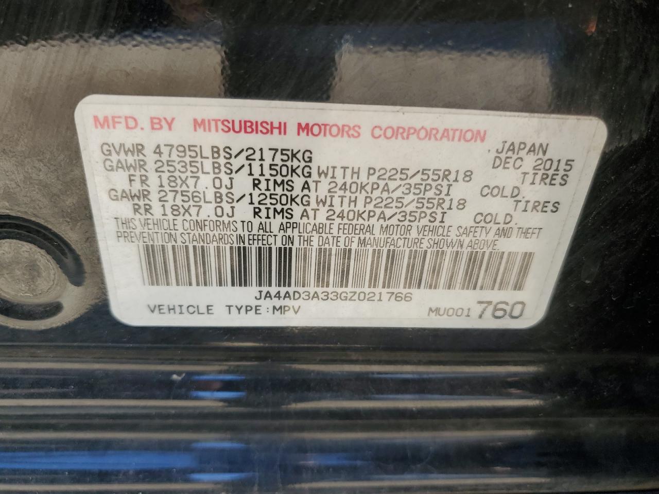 2016 Mitsubishi Outlander VIN JA4AD3A33GZ021766 Copart auction photo, front end / minor dent/scratches damage thumbnail 12