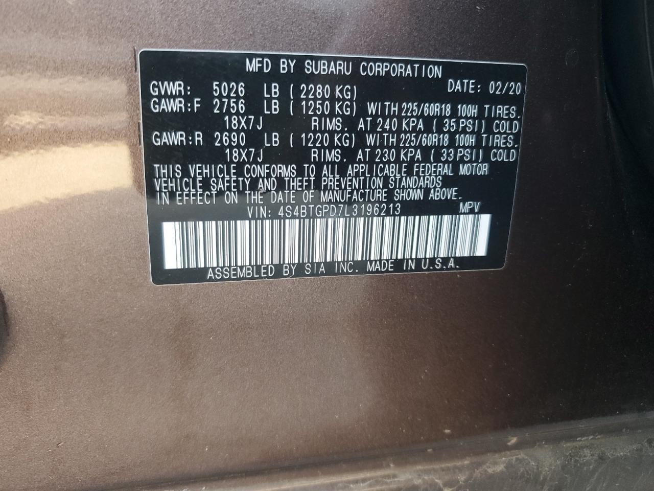2020 Subaru Outback VIN 4S4BTGPD7L3196213 Copart auction photo, side / rear end damage thumbnail 13