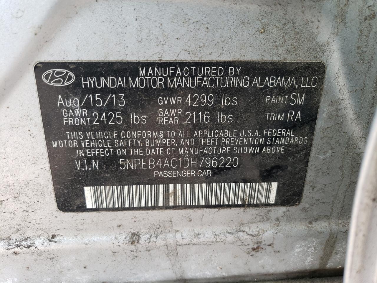 2013 Hyundai Sonata VIN 5NPEB4AC1DH796220 Copart auction photo, front end / rear end damage thumbnail 13