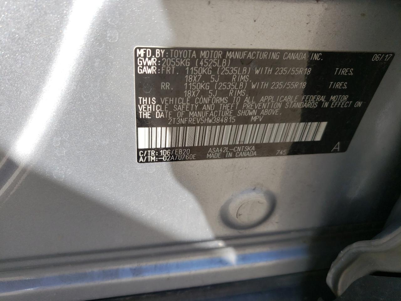 2017 Toyota RAV 4 VIN 2T3NFREV5HW384815 Copart auction photo, front end / side damage thumbnail 15