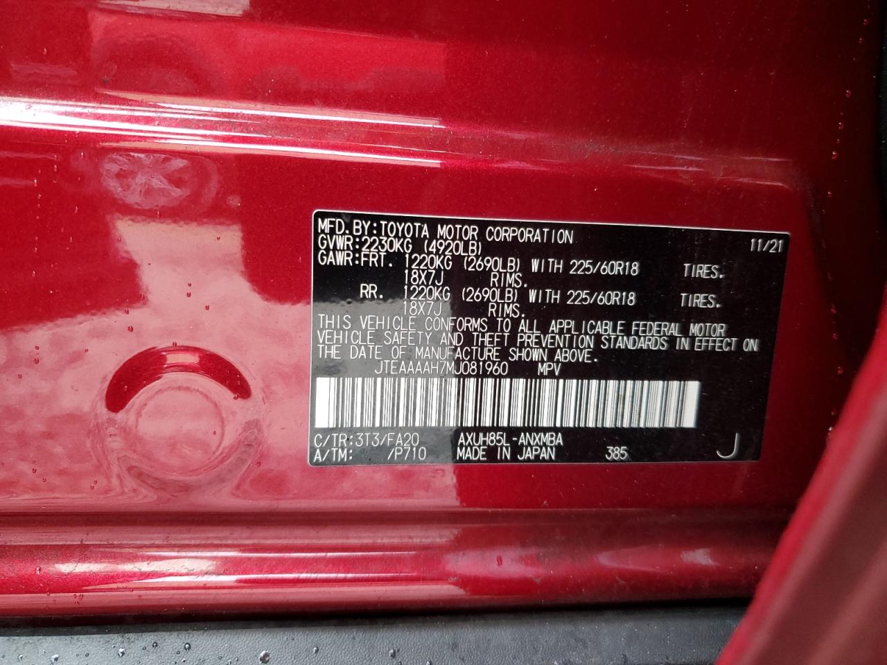 2021 Toyota Venza VIN JTEAAAAH7MJ081960 Copart auction photo, front end / side damage thumbnail 15
