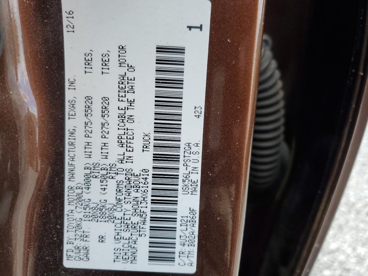 2017 Toyota Tundra VIN 5TFAW5F13HX616410 Copart auction photo, top/roof / rear end damage thumbnail 12