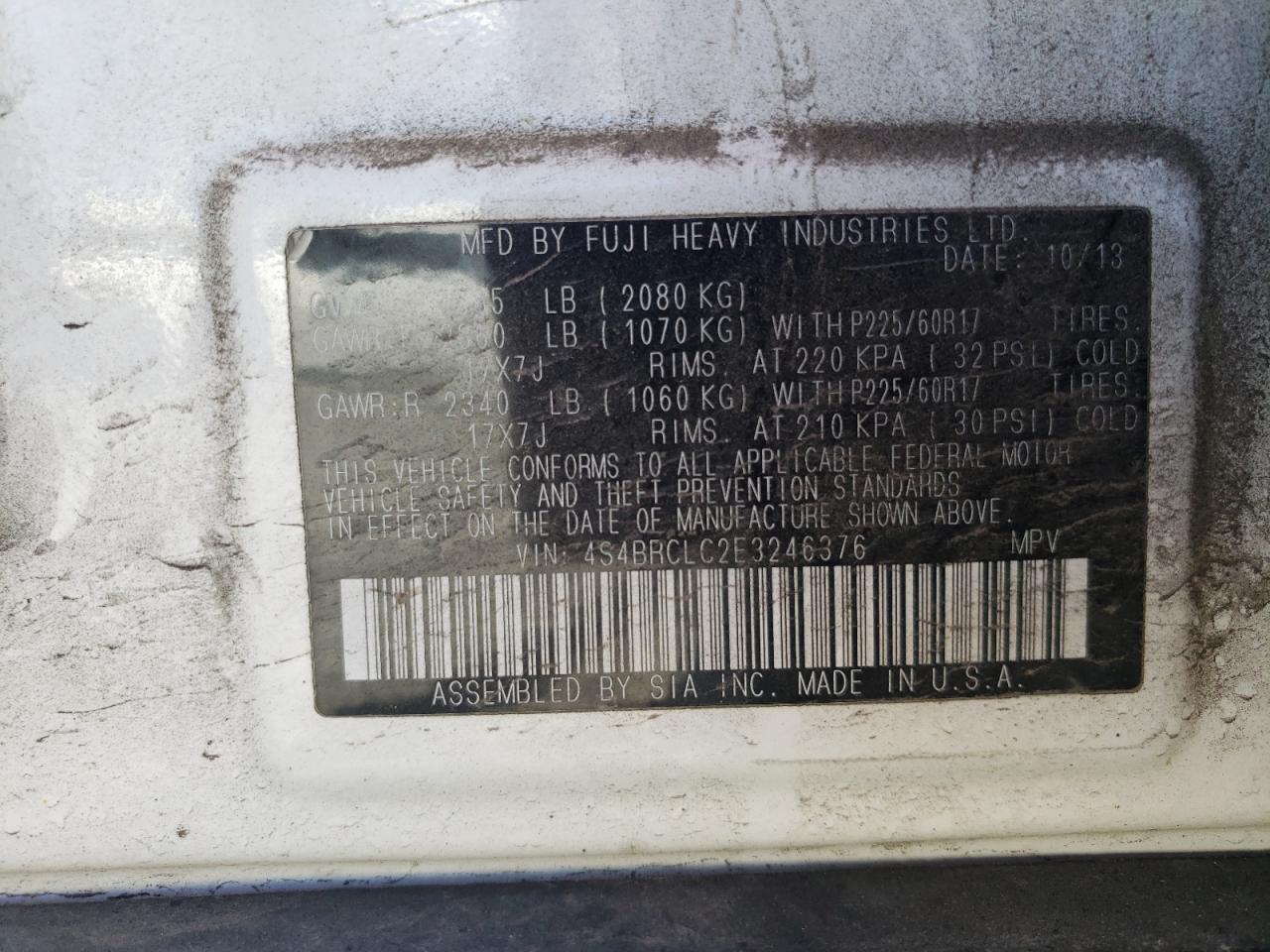 2014 Subaru Outback VIN 4S4BRCLC2E3246376 Copart auction photo, front end damage thumbnail 12