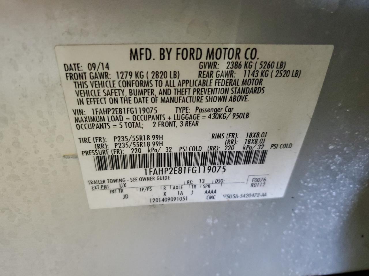 2015 Ford Taurus VIN 1FAHP2E81FG119075 Copart auction photo, all over damage thumbnail 12