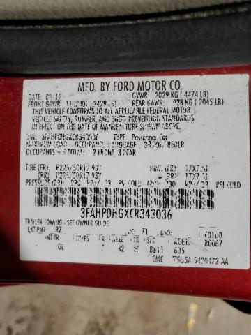 2012 Ford Fusion VIN 3FAHP0HGXCR343036 Copart auction photo, side / front end damage thumbnail 12