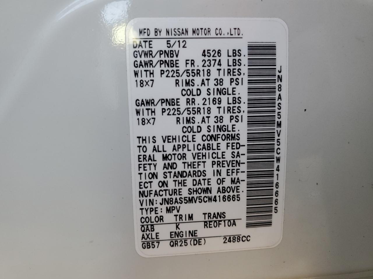 2012 Nissan Rogue VIN JN8AS5MV5CW416665 Copart auction photo, all over / undercarriage damage thumbnail 14