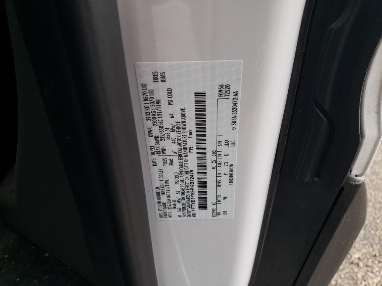 2023 Ford Transit VIN 1FTYE1Y89PKB72479 Copart auction photo, rear end / minor dent/scratches damage thumbnail 13