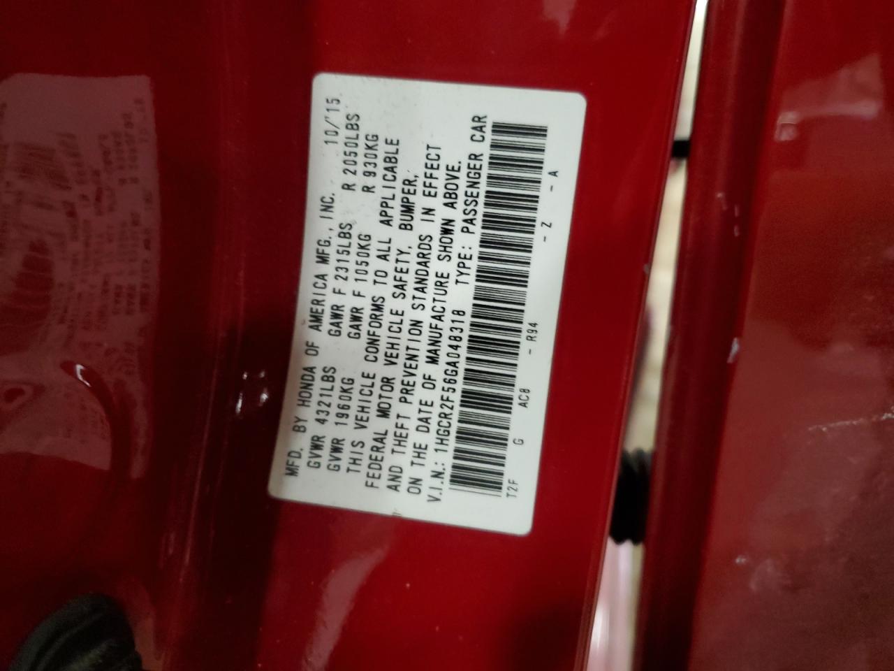 2016 Honda Accord VIN 1HGCR2F56GA048318 Copart auction photo, rear end damage thumbnail 12