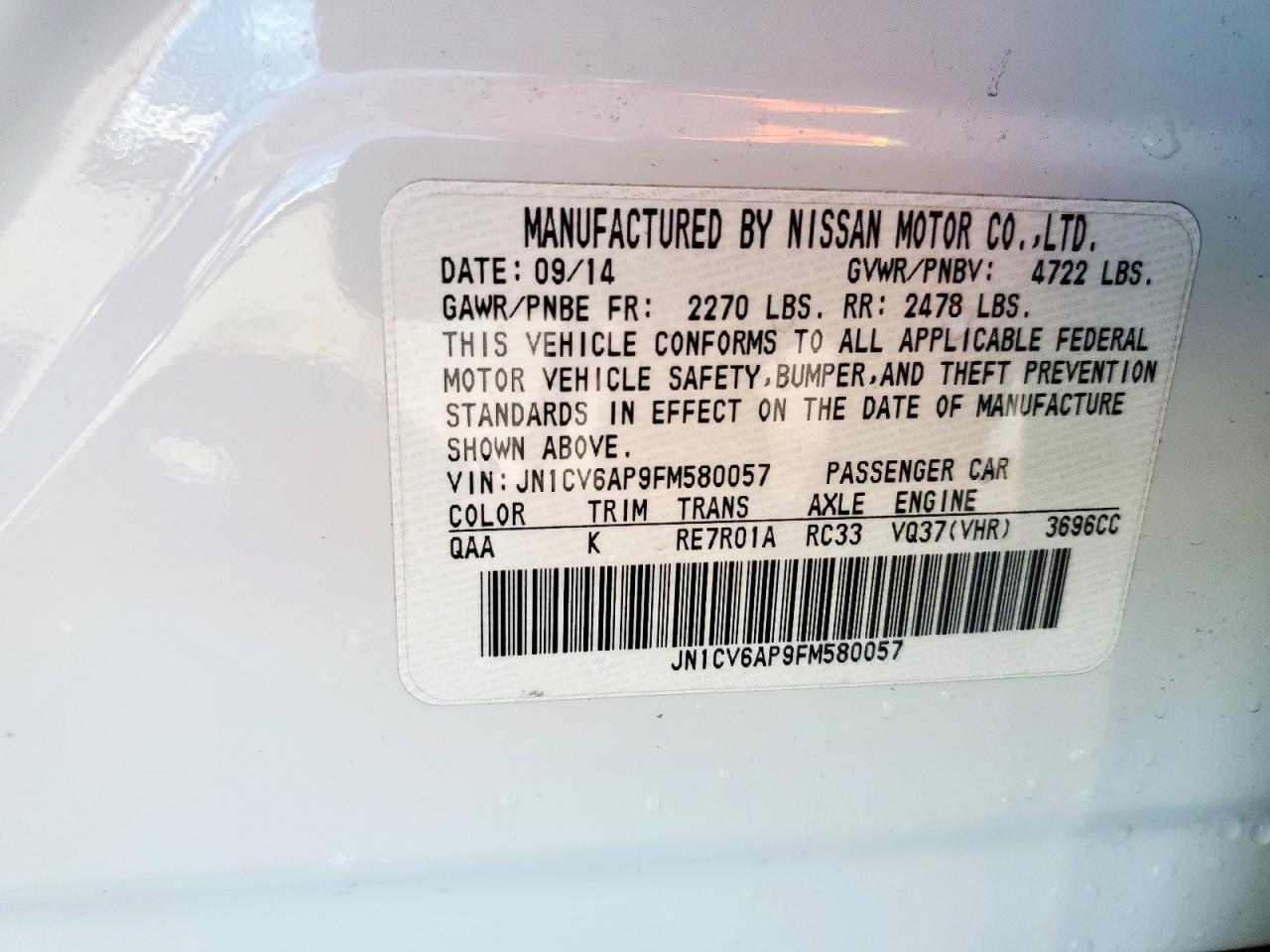 2015 Infiniti Q40 VIN JN1CV6AP9FM580057 Copart auction photo, front end damage thumbnail 13
