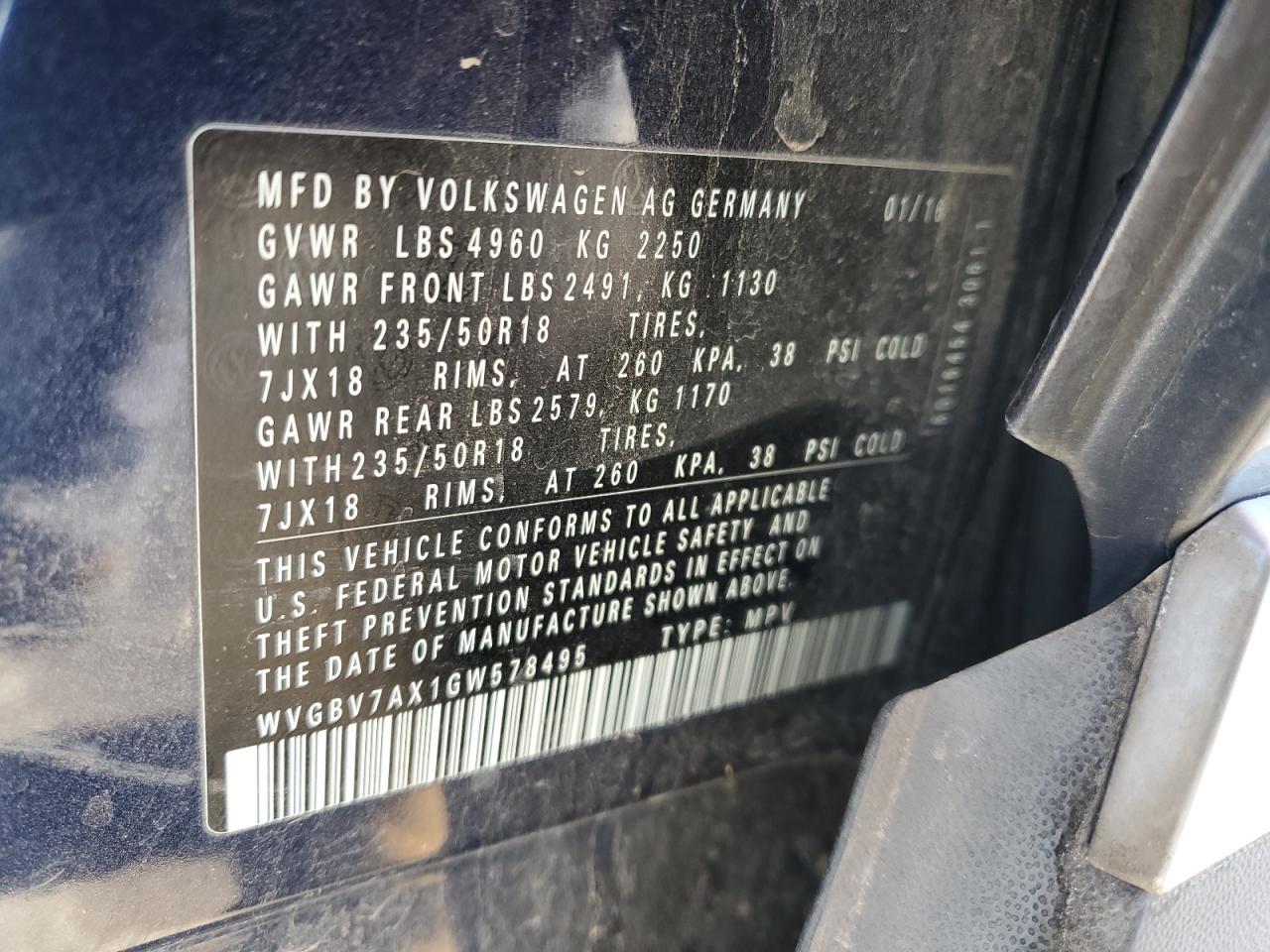 2016 Volkswagen Tiguan VIN WVGBV7AX1GW578495 Copart auction photo, front end / rear end damage thumbnail 13