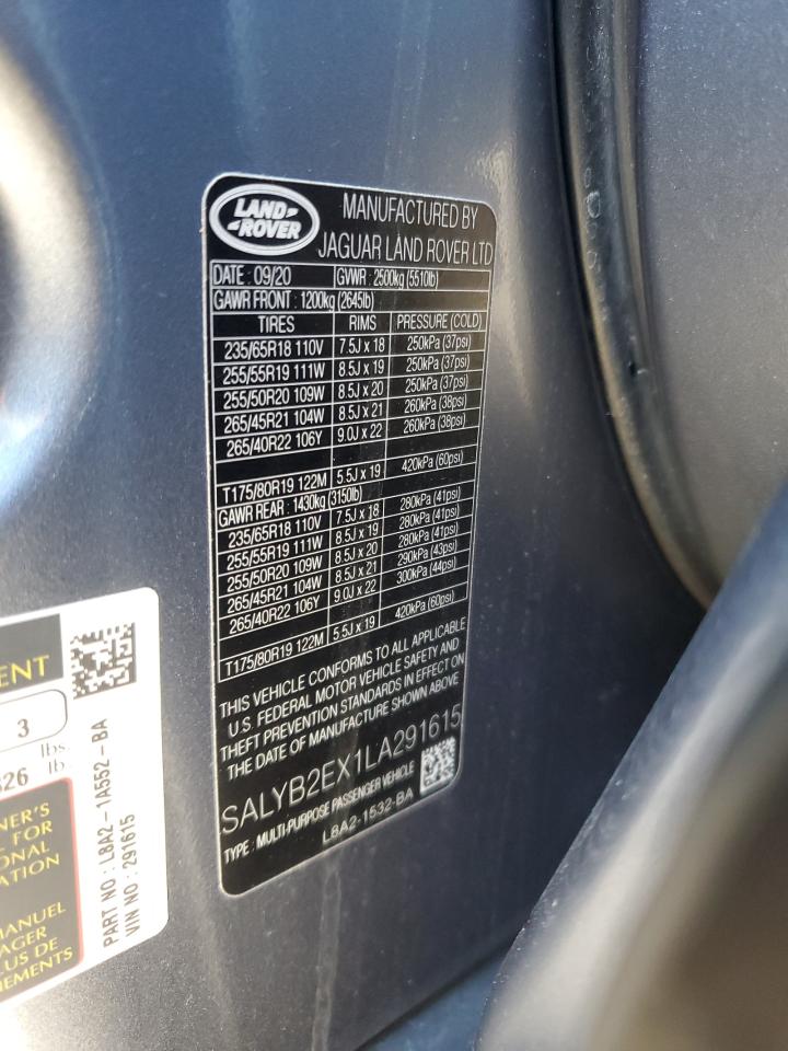 2020 Land Rover Range Rover VIN SALYB2EX1LA291615 Copart auction photo, side / front end damage thumbnail 13