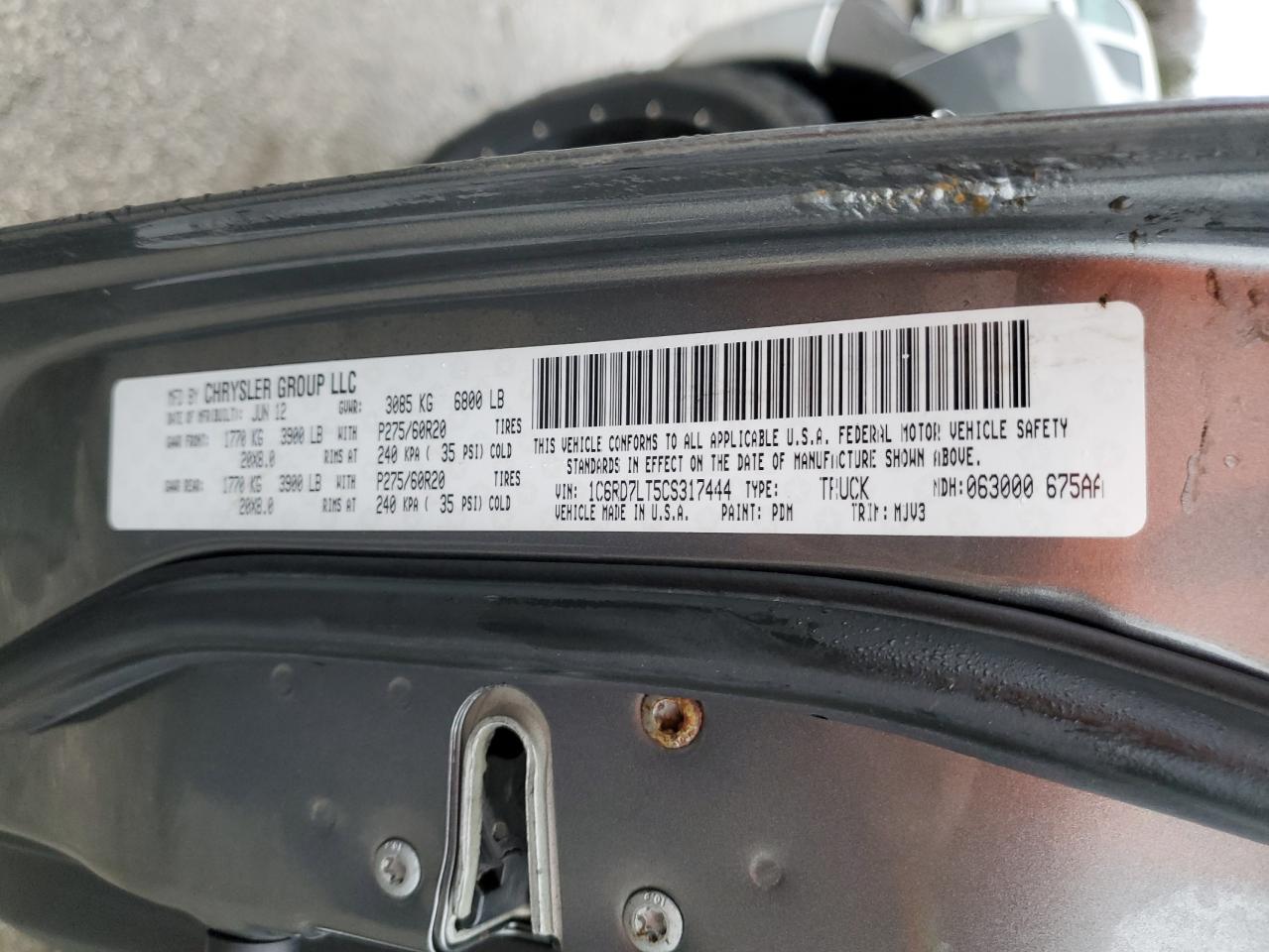 2012 Dodge RAM VIN 1C6RD7LT5CS317444 Copart auction photo, rear end / side damage thumbnail 12