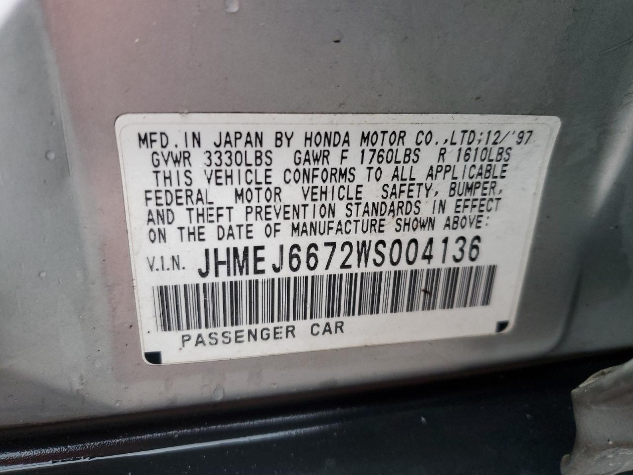 1998 Honda Civic VIN JHMEJ6672WS004136 Copart auction photo, front end damage thumbnail 13