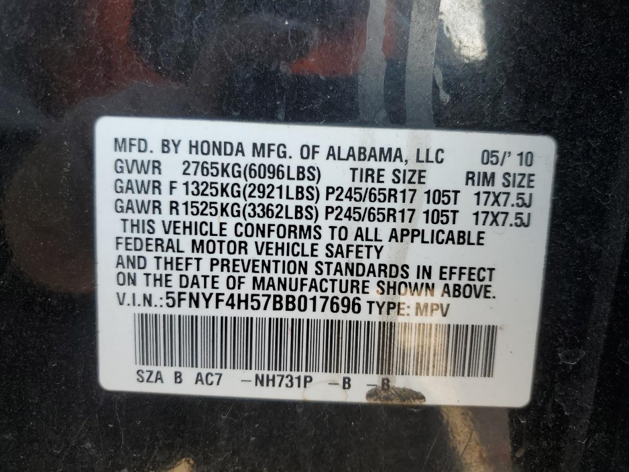 2011 Honda Pilot VIN 5FNYF4H57BB017696 Copart auction photo, front end damage thumbnail 13