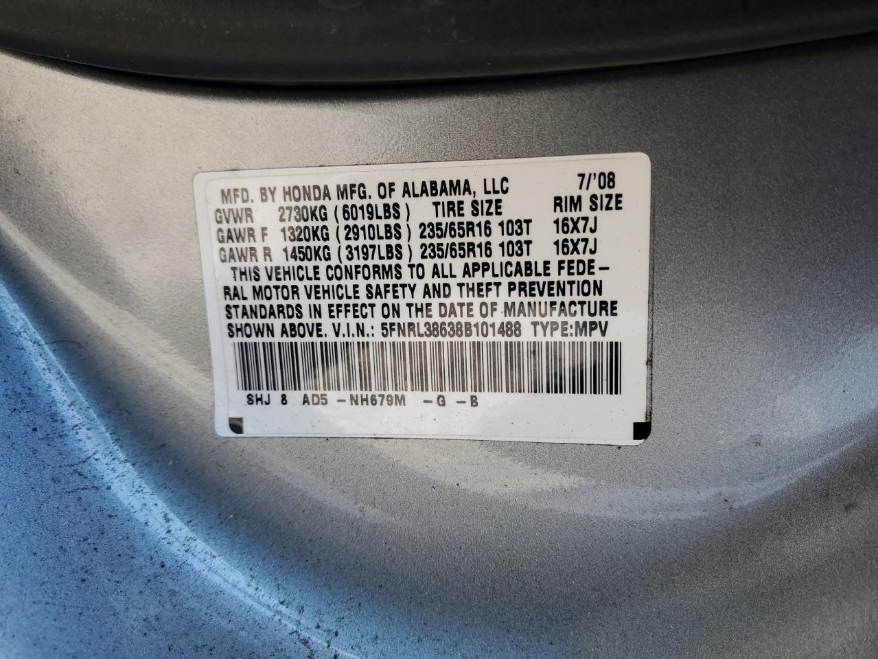 2008 Honda Odyssey VIN 5FNRL38638B101488 Copart auction photo, front end / side damage thumbnail 14