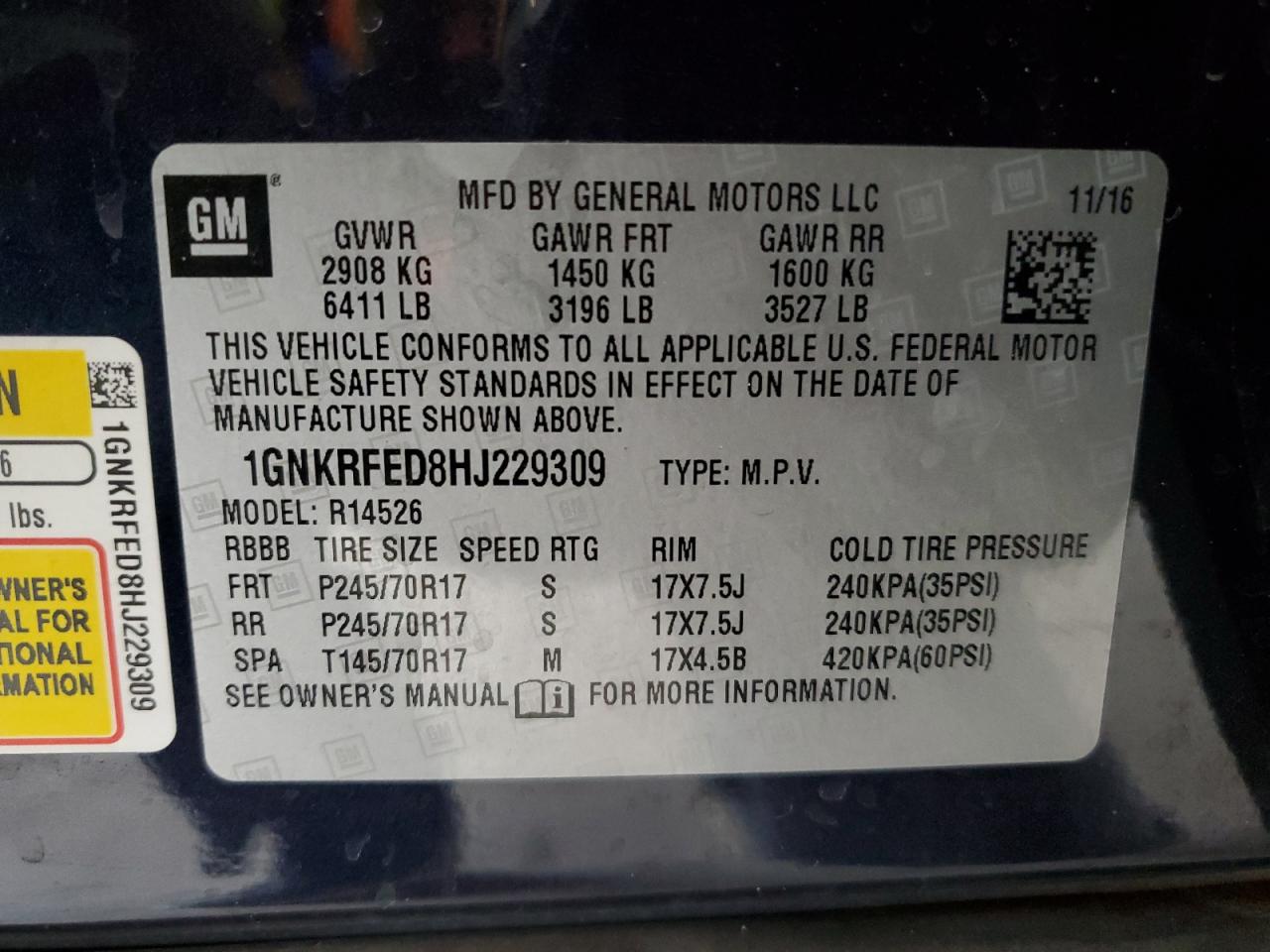 2017 Chevrolet Traverse VIN 1GNKRFED8HJ229309 Copart auction photo, front end damage thumbnail 15