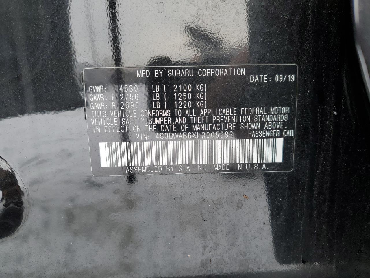 2020 Subaru Legacy VIN 4S3BWAB6XL3005983 Copart auction photo, all over damage thumbnail 12