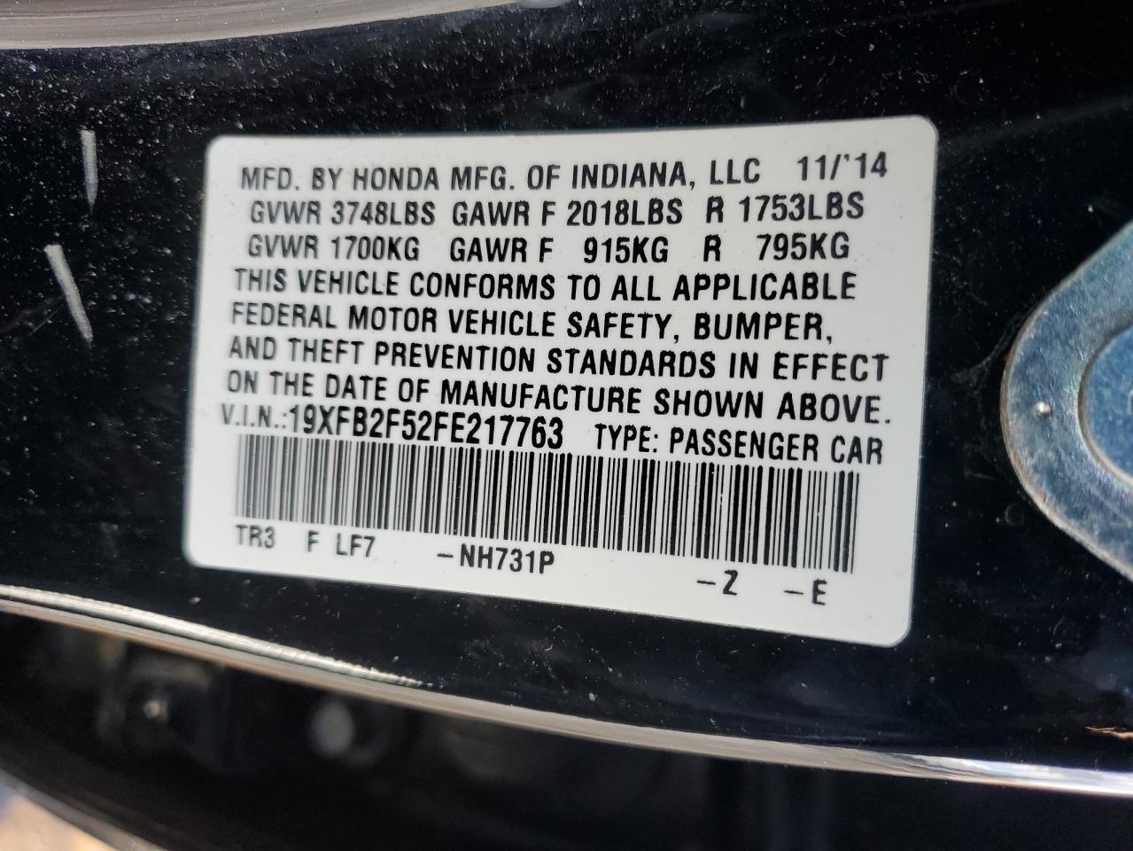 2015 Honda Civic VIN 19XFB2F52FE217763 Copart auction photo, side / rear end damage thumbnail 12