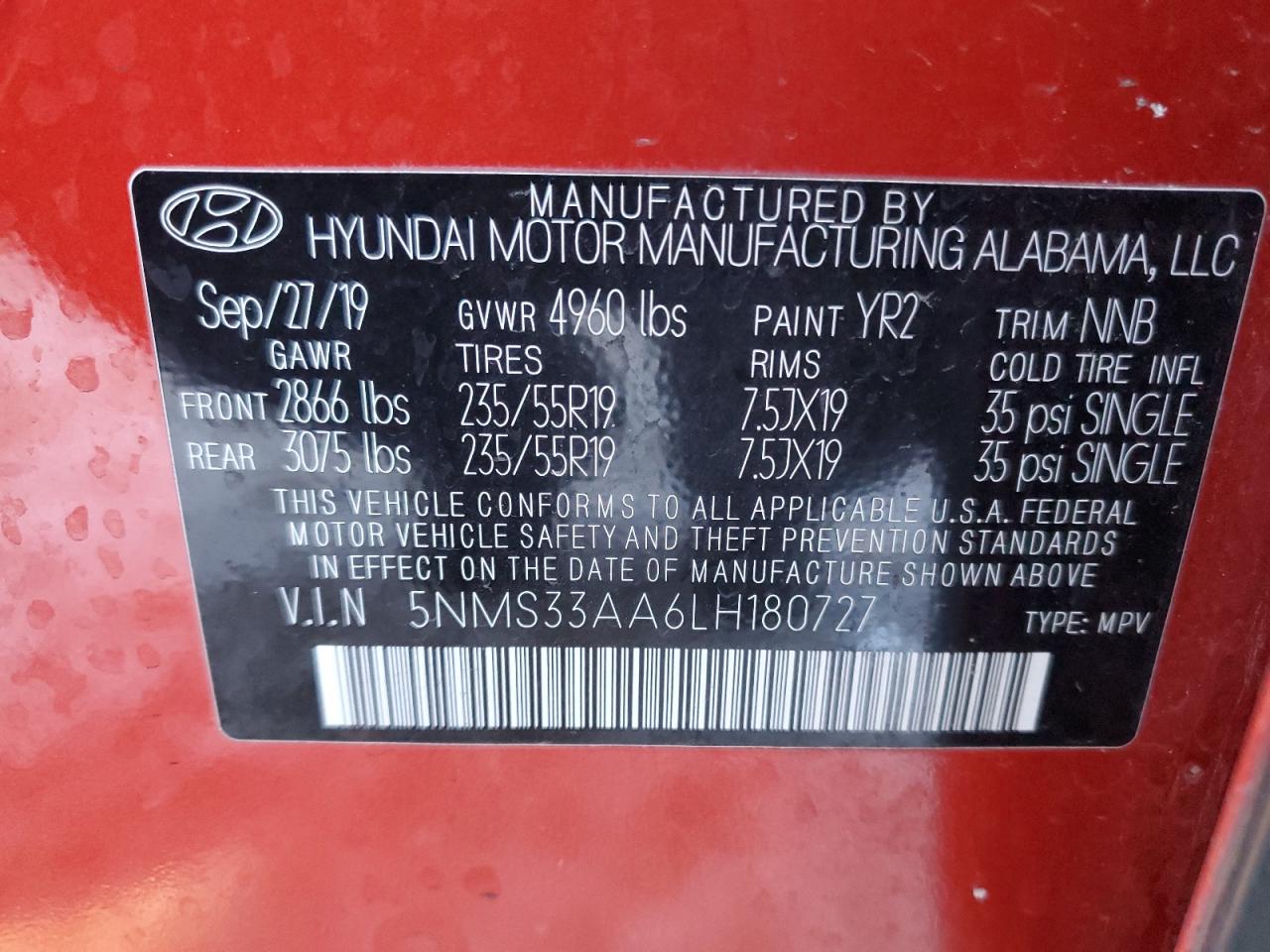 2020 Hyundai Santa Fe VIN 5NMS33AA6LH180727 Copart auction photo, front end damage thumbnail 14