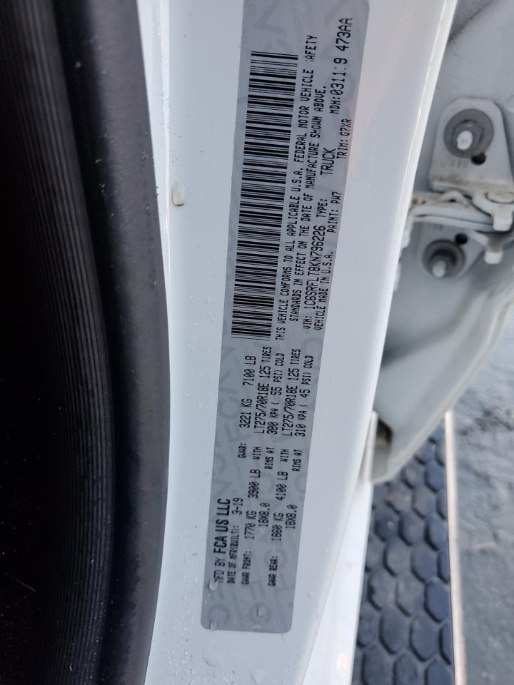 2019 RAM 1500 VIN 1C6SRFLT8KN796226 Copart auction photo, top/roof damage thumbnail 12