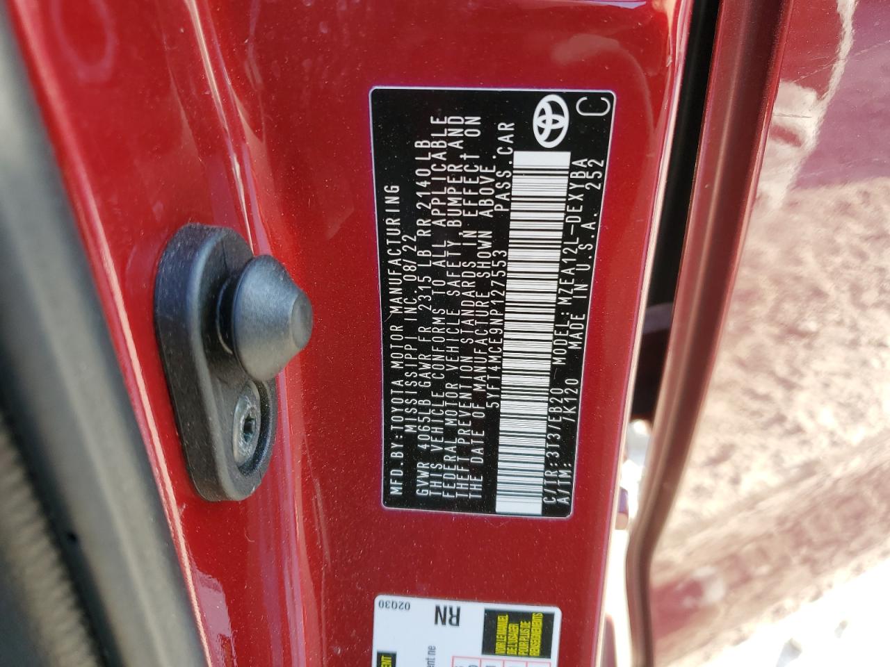 2022 Toyota Corolla VIN 5YFT4MCE9NP127553 Copart auction photo, rear end damage thumbnail 12