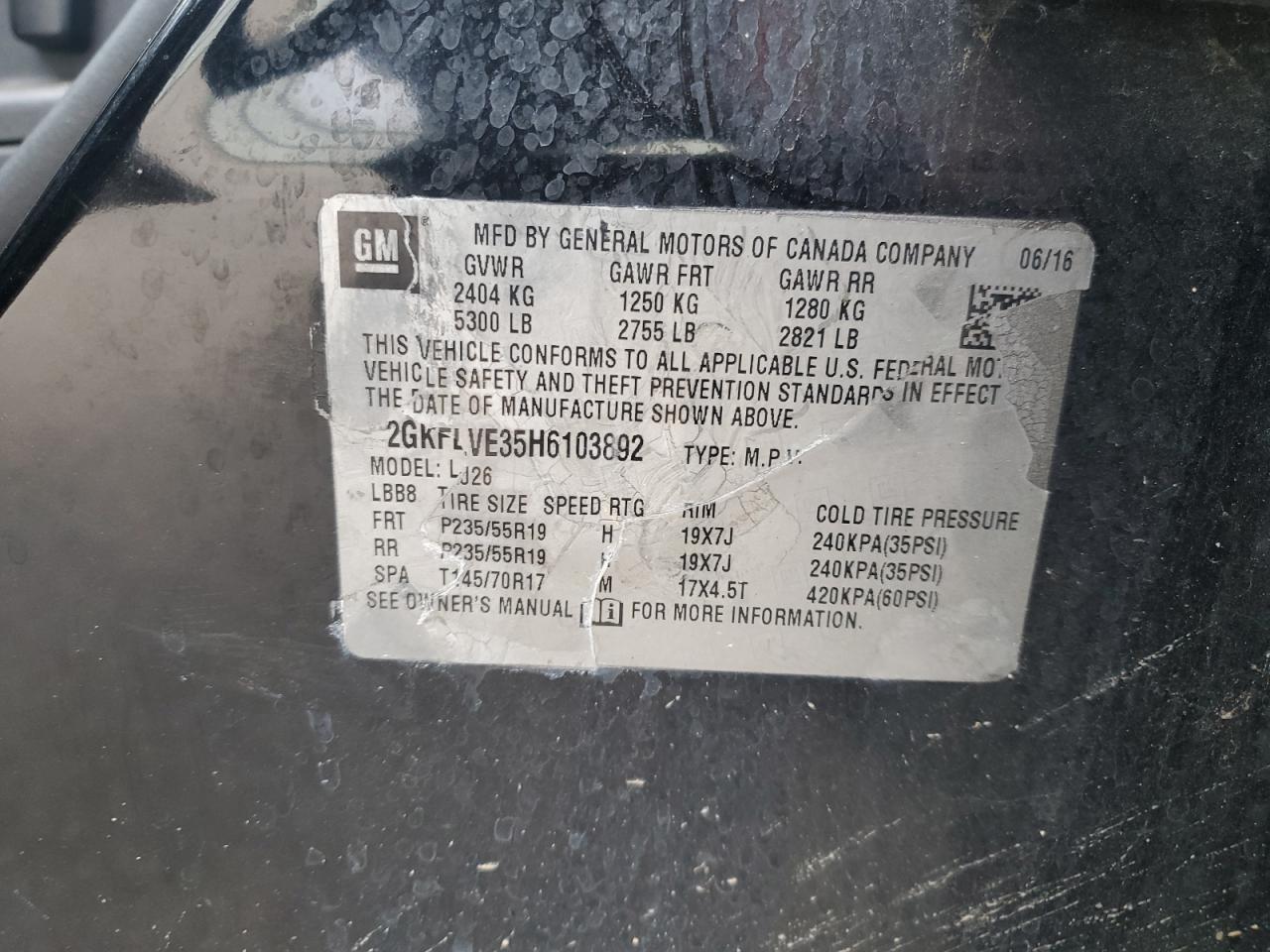 2017 GMC Terrain VIN 2GKFLVE35H6103892 Copart auction photo, front end damage thumbnail 13