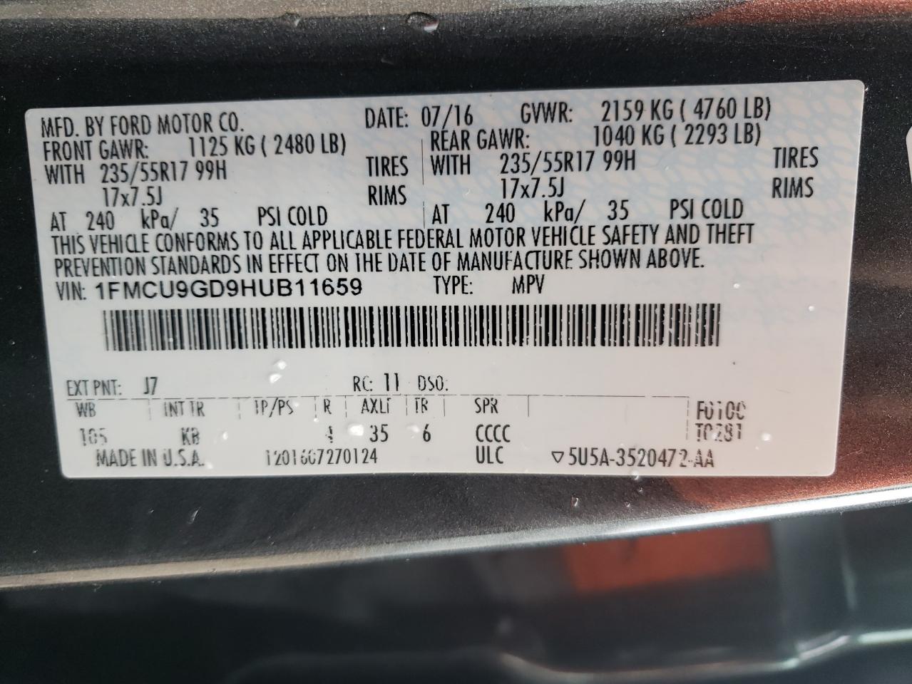 2017 Ford Escape VIN 1FMCU9GD9HUB11659 Copart auction photo, front end / undercarriage damage thumbnail 14