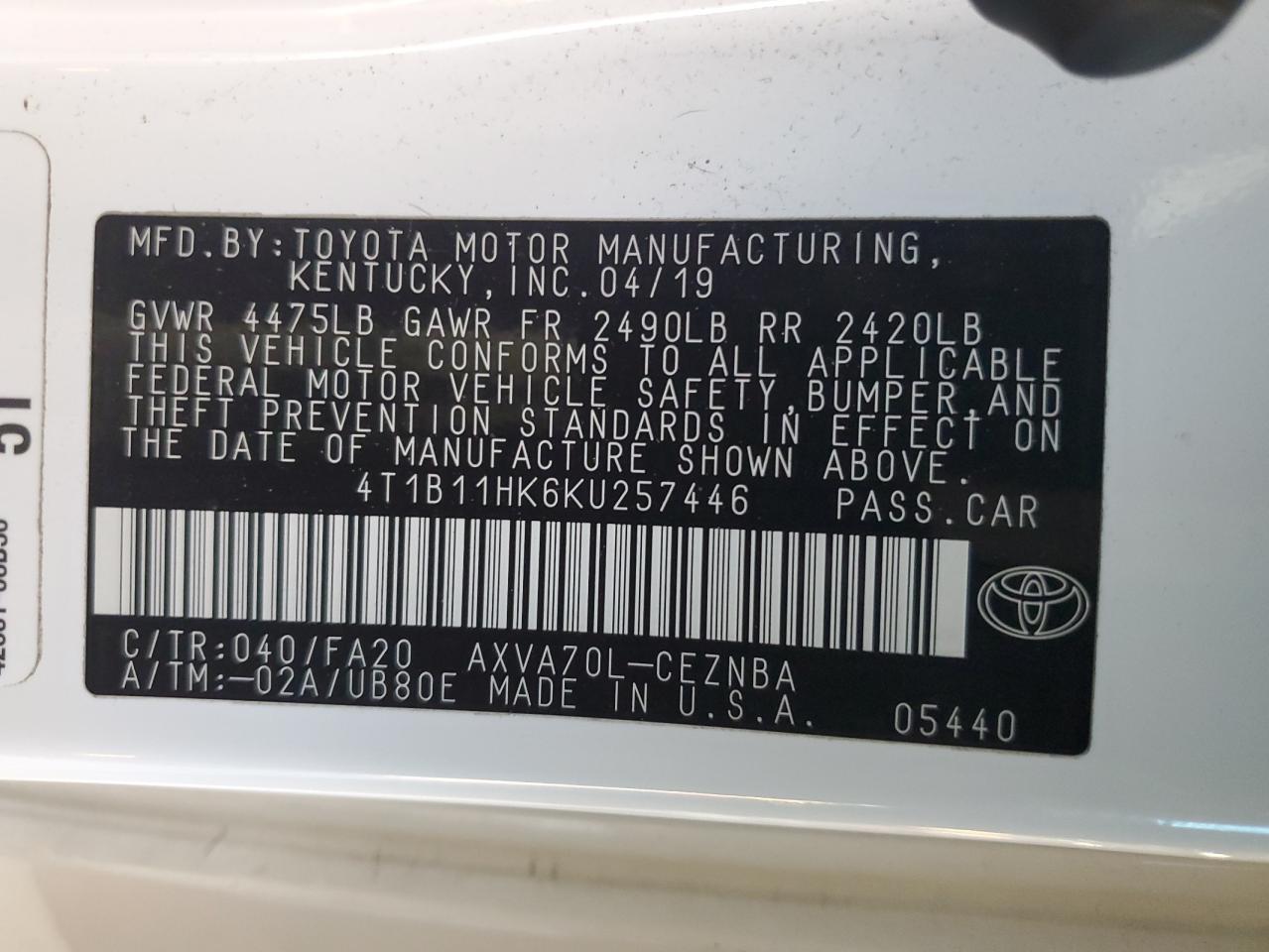 2019 Toyota Camry VIN 4T1B11HK6KU257446 Copart auction photo, rear end damage thumbnail 13