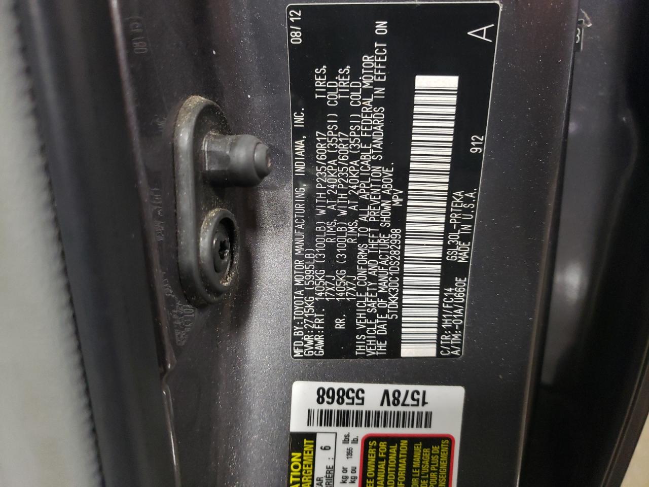 2013 Toyota Sienna VIN 5TDKK3DC1DS282998 Copart auction photo, side damage thumbnail 12