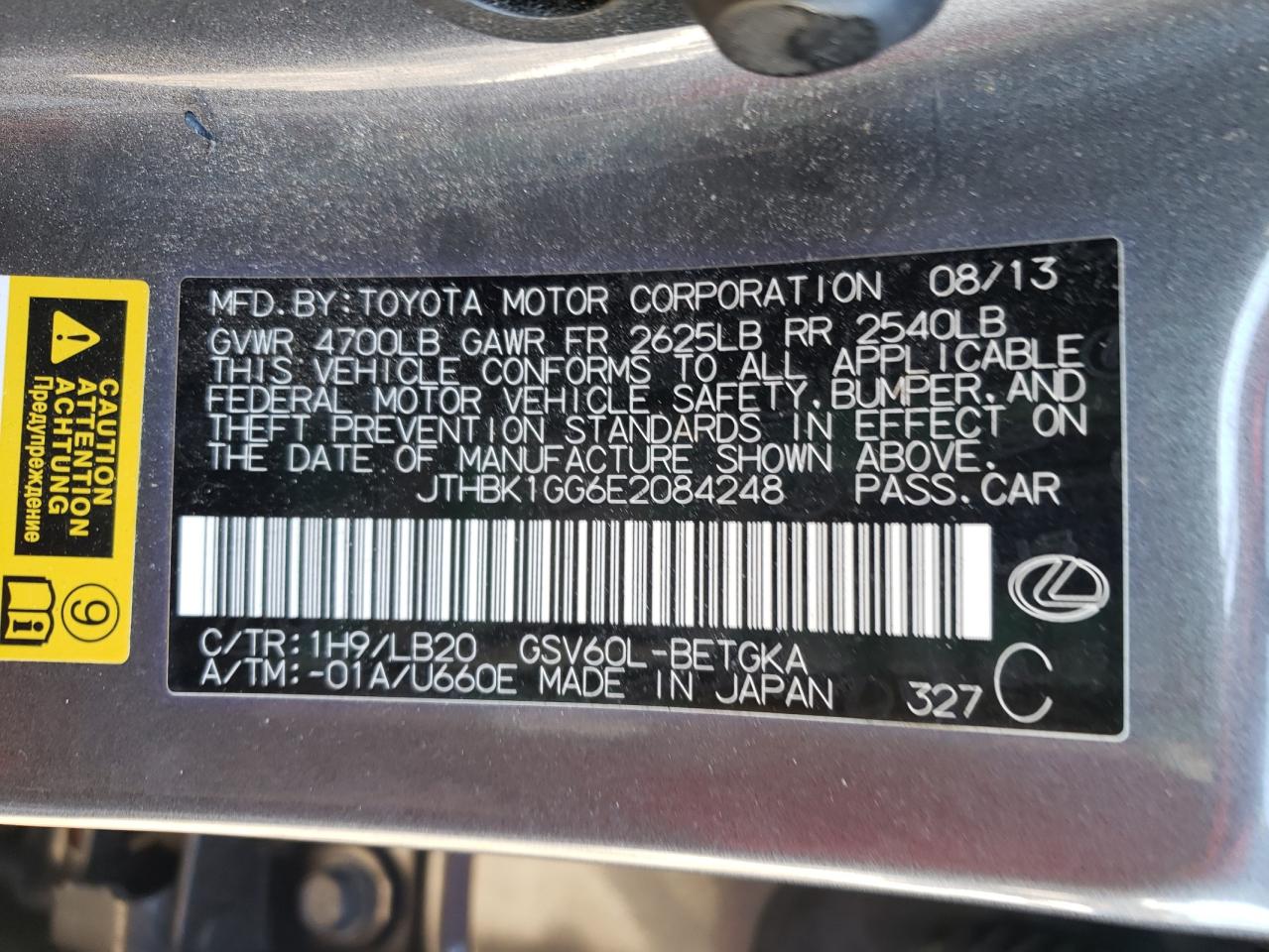 2014 Lexus ES VIN JTHBK1GG6E2084248 Copart auction photo, front end damage thumbnail 12