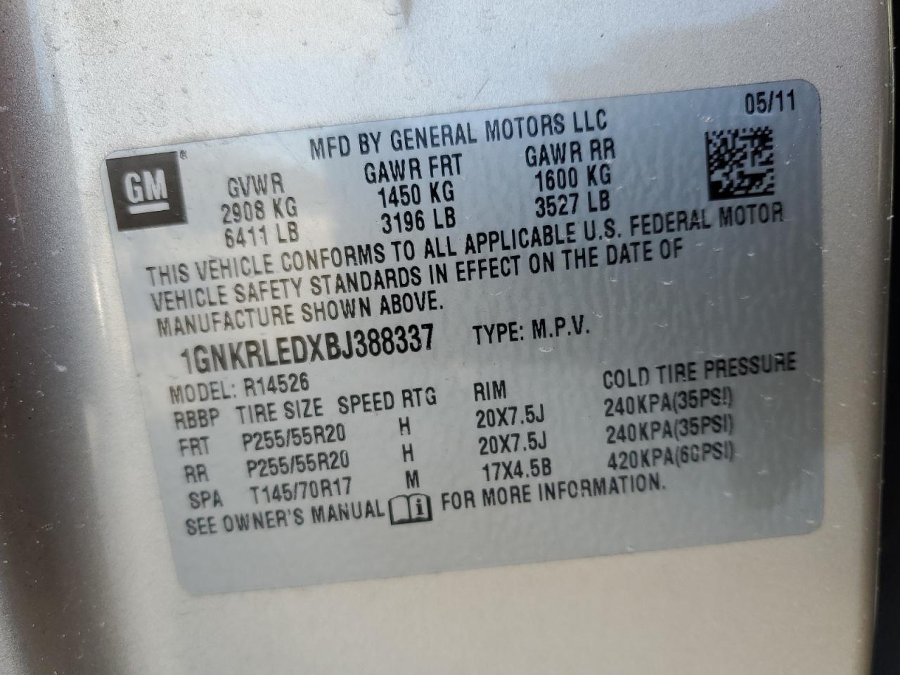 2011 Chevrolet Traverse VIN 1GNKRLEDXBJ388337 Copart auction photo, front end damage thumbnail 13