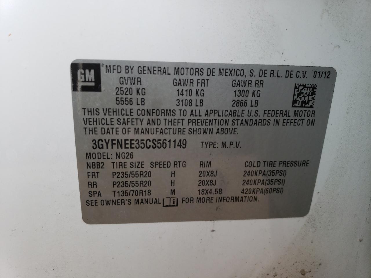 2012 Cadillac SRX VIN 3GYFNEE35CS561149 Copart auction photo, front end / rear end damage thumbnail 13