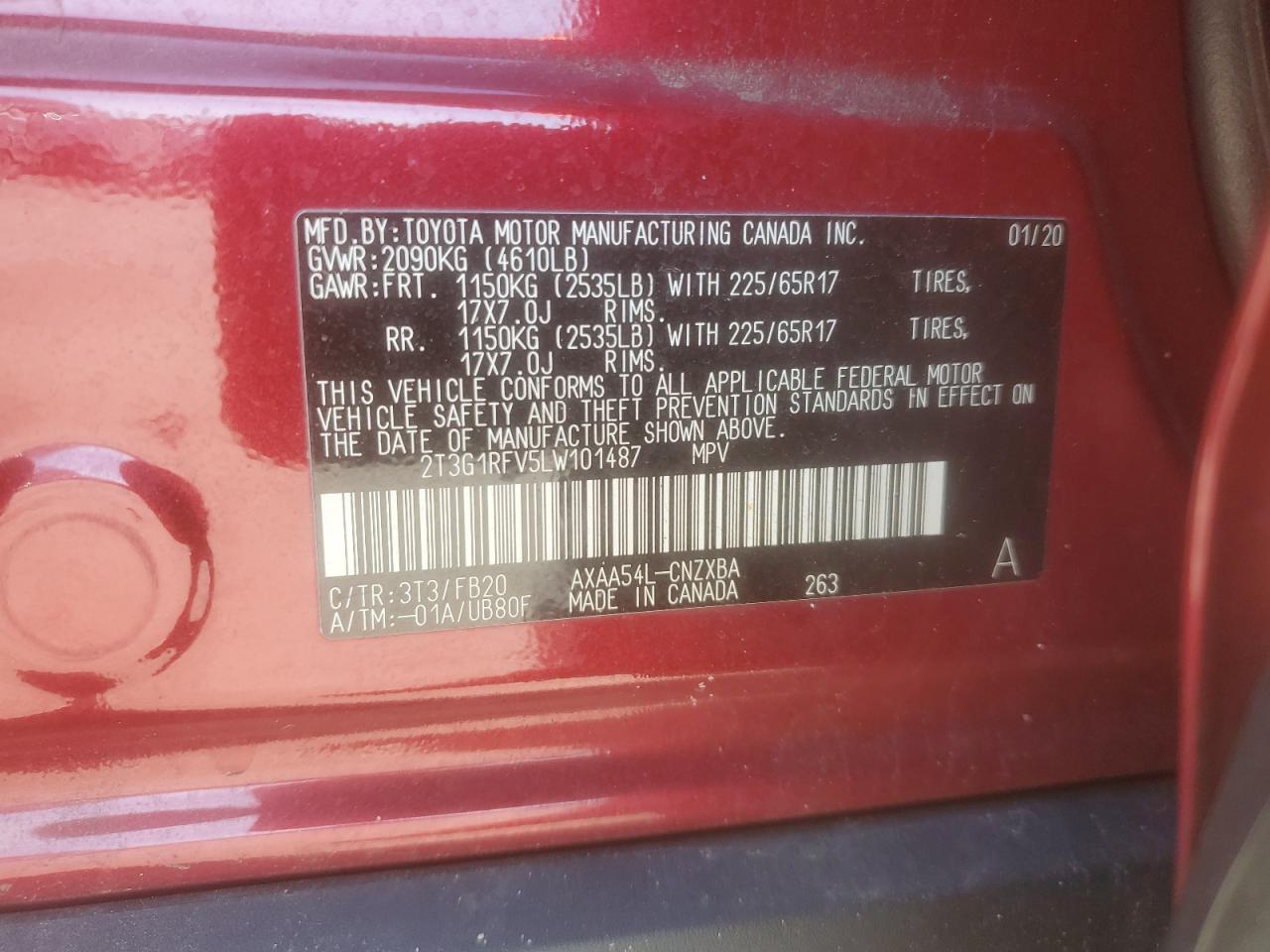 2020 Toyota RAV 4 VIN 2T3G1RFV5LW101487 Copart auction photo, front end / mechanical damage thumbnail 13