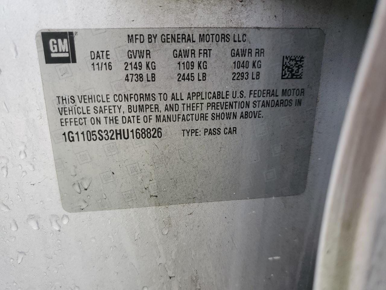 2017 Chevrolet Impala VIN 1G1105S32HU168826 Copart auction photo, front end damage thumbnail 13