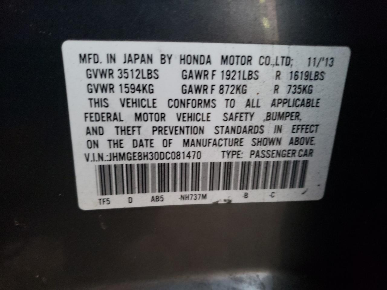 2013 Honda Fit VIN JHMGE8H30DC081470 Copart auction photo, all over damage thumbnail 13