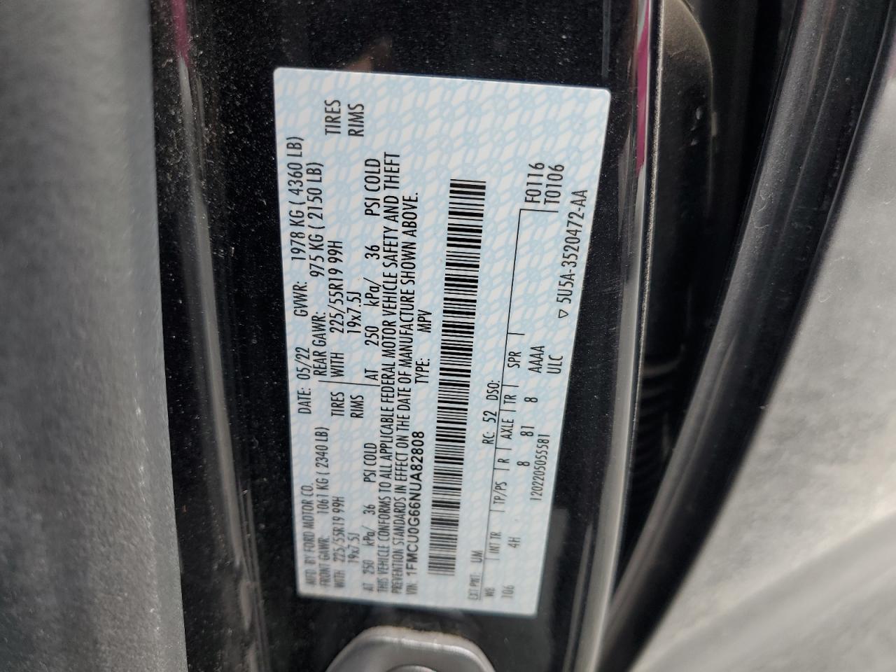 2022 Ford Escape VIN 1FMCU0G66NUA82808 Copart auction photo, all over / minor dent/scratches damage thumbnail 14