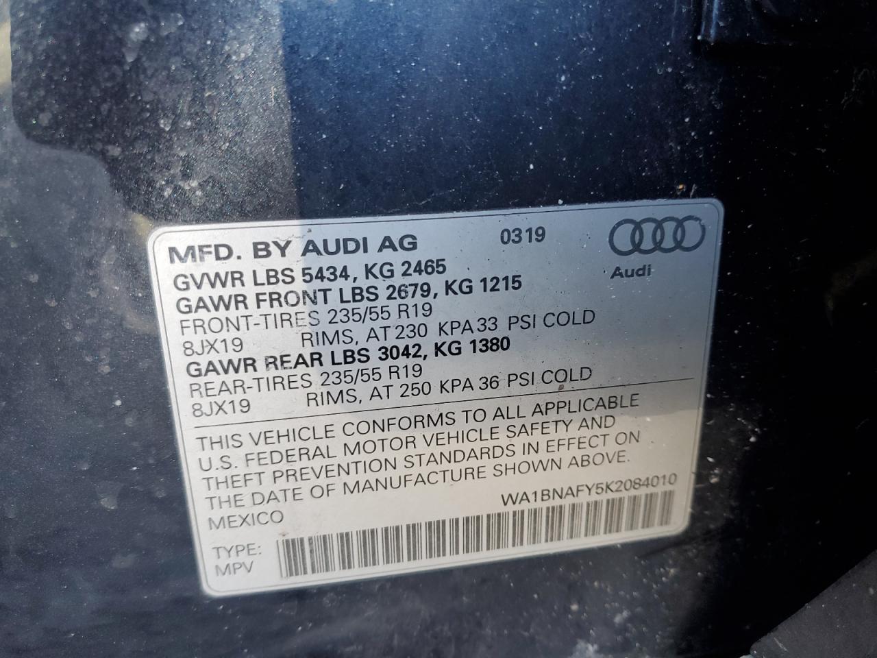 2019 Audi Q5 VIN WA1BNAFY5K2084010 Copart auction photo, vandalism damage thumbnail 12