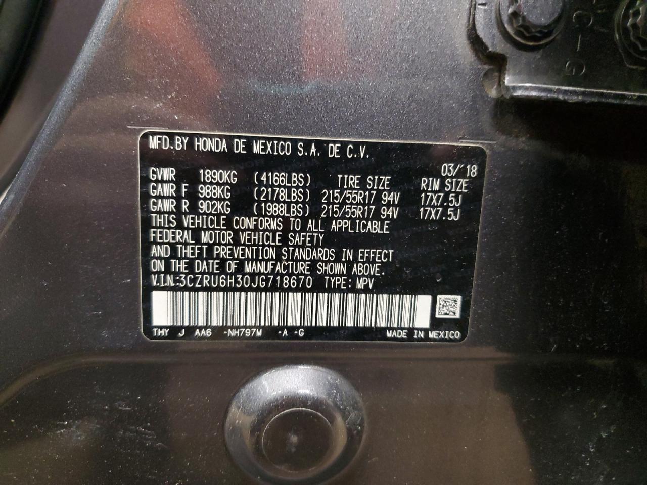 2018 Honda HR-V VIN 3CZRU6H30JG718670 Copart auction photo, front end damage thumbnail 13