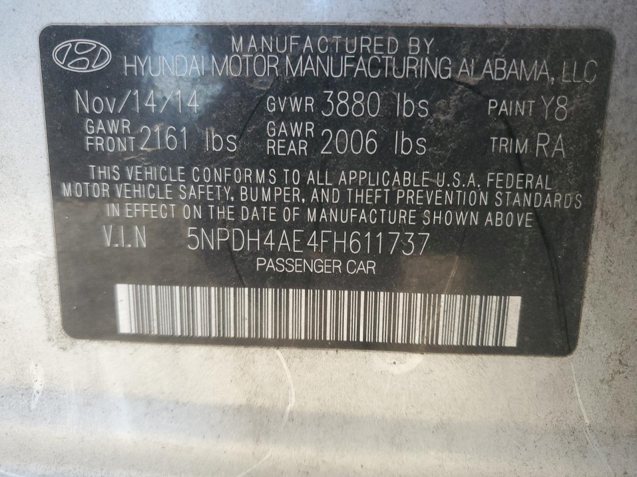 2015 Hyundai Elantra VIN 5NPDH4AE4FH611737 Copart auction photo, all over damage thumbnail 12