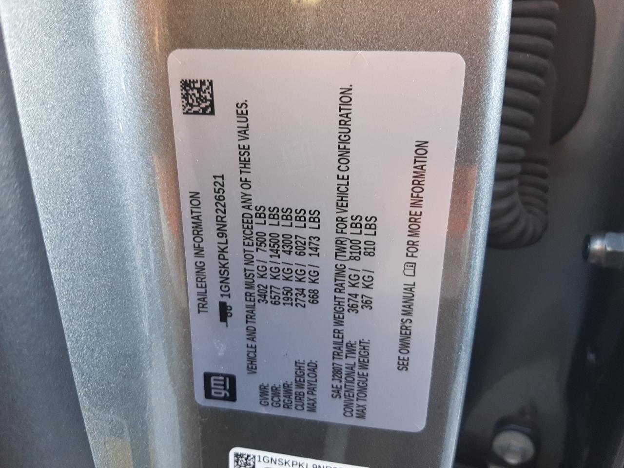 2022 Chevrolet Tahoe VIN 1GNSKPKL9NR226521 Copart auction photo, front end damage thumbnail 14