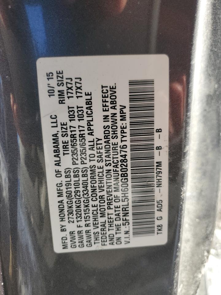 2016 Honda Odyssey VIN 5FNRL5H60GB028476 Copart auction photo, rear end / front end damage thumbnail 16