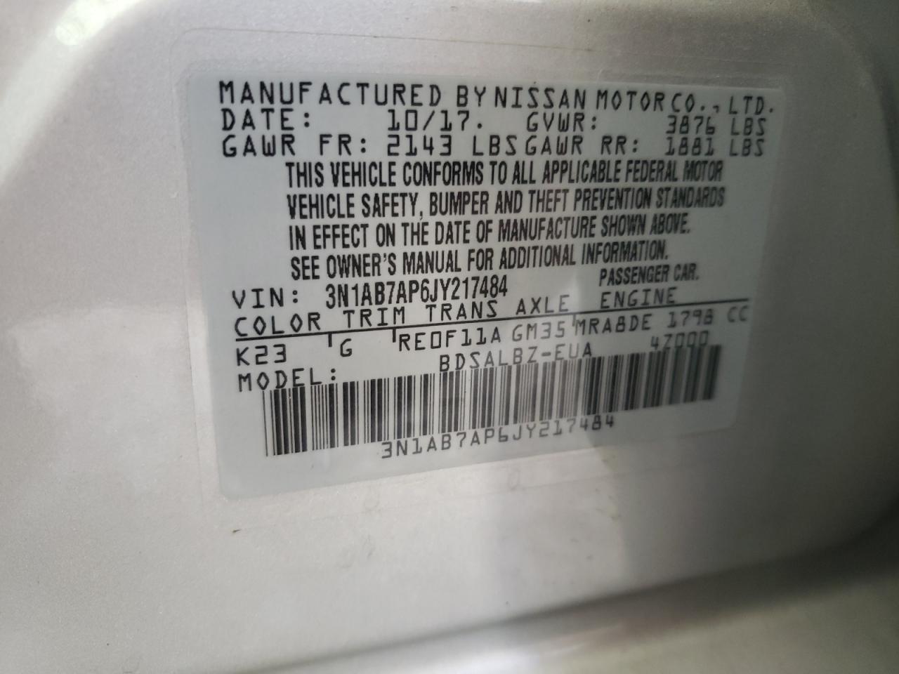 2018 Nissan Sentra VIN 3N1AB7AP6JY217484 Copart auction photo, front end / minor dent/scratches damage thumbnail 12