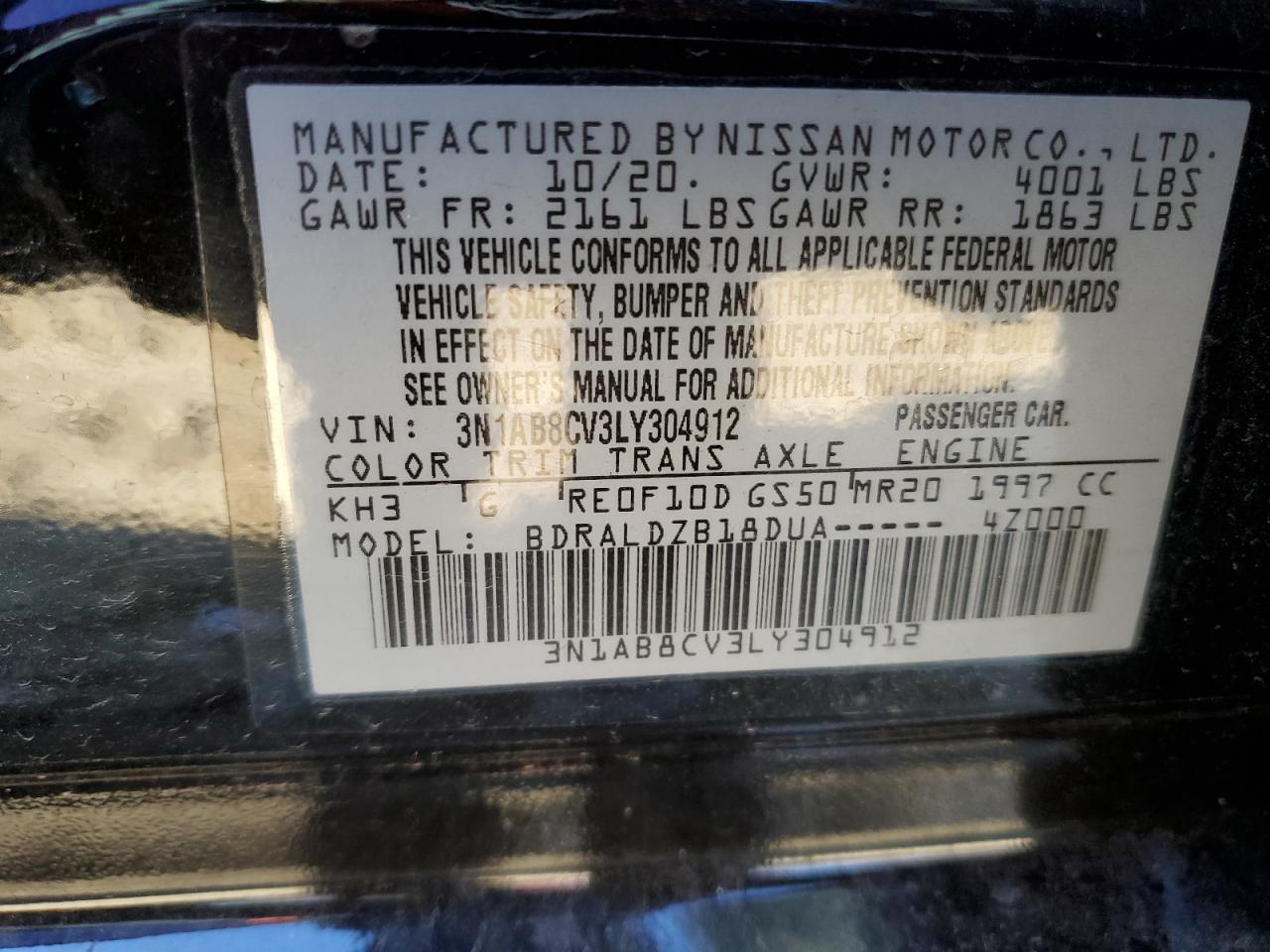 2020 Nissan Sentra VIN 3N1AB8CV3LY304912 Copart auction photo, front end / minor dent/scratches damage thumbnail 15