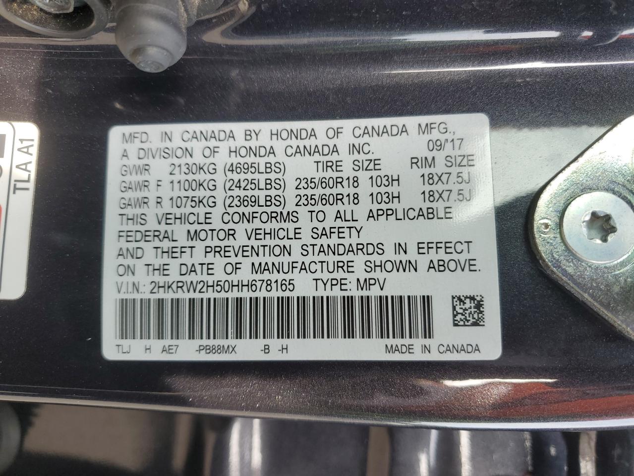 2017 Honda CR-V VIN 2HKRW2H50HH678165 Copart auction photo, front end damage thumbnail 13