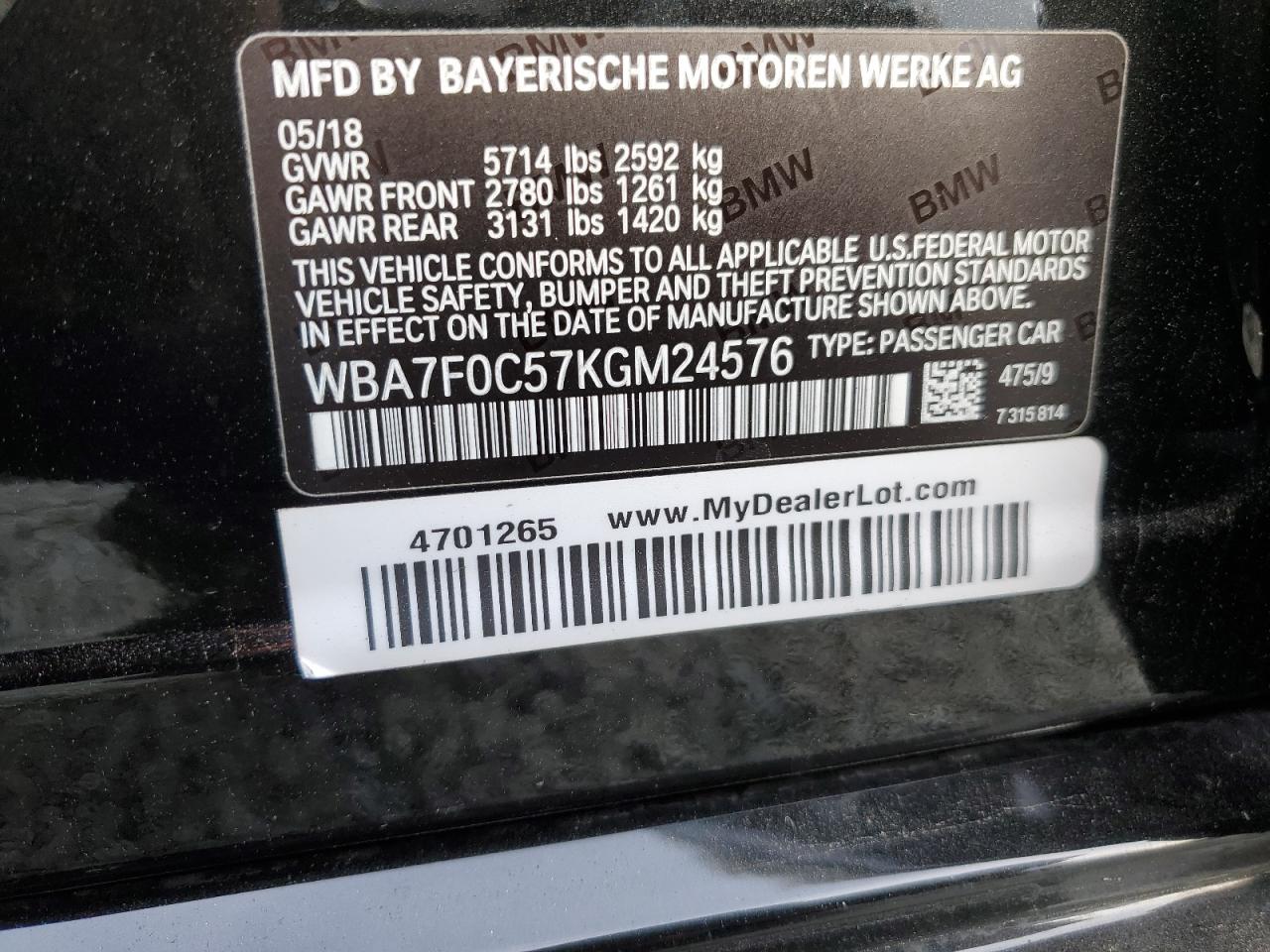2019 BMW 7er VIN WBA7F0C57KGM24576 Copart auction photo, rear end damage thumbnail 13
