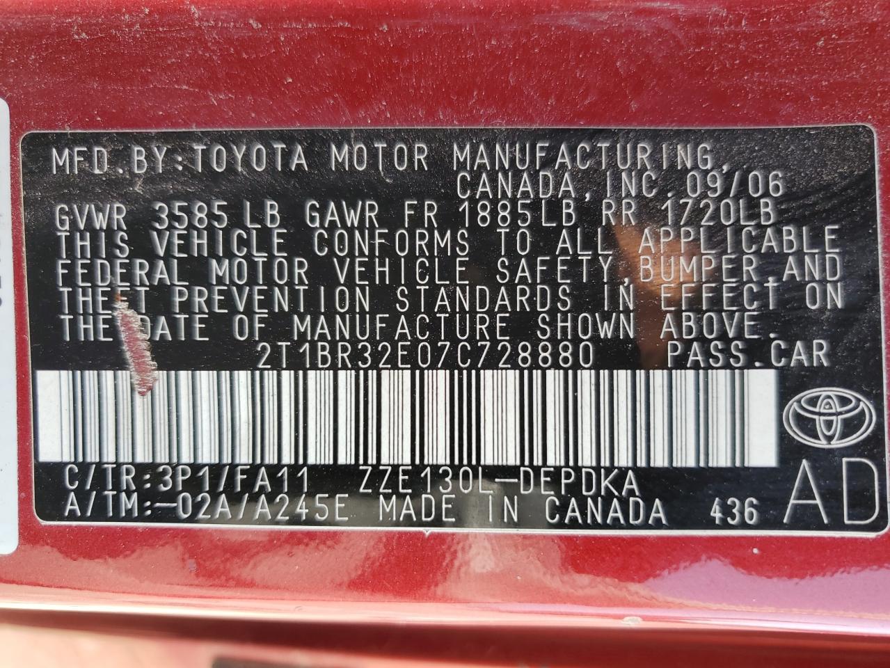 2007 Toyota Corolla VIN 2T1BR32E07C728880 Copart auction photo, front end / side damage thumbnail 12
