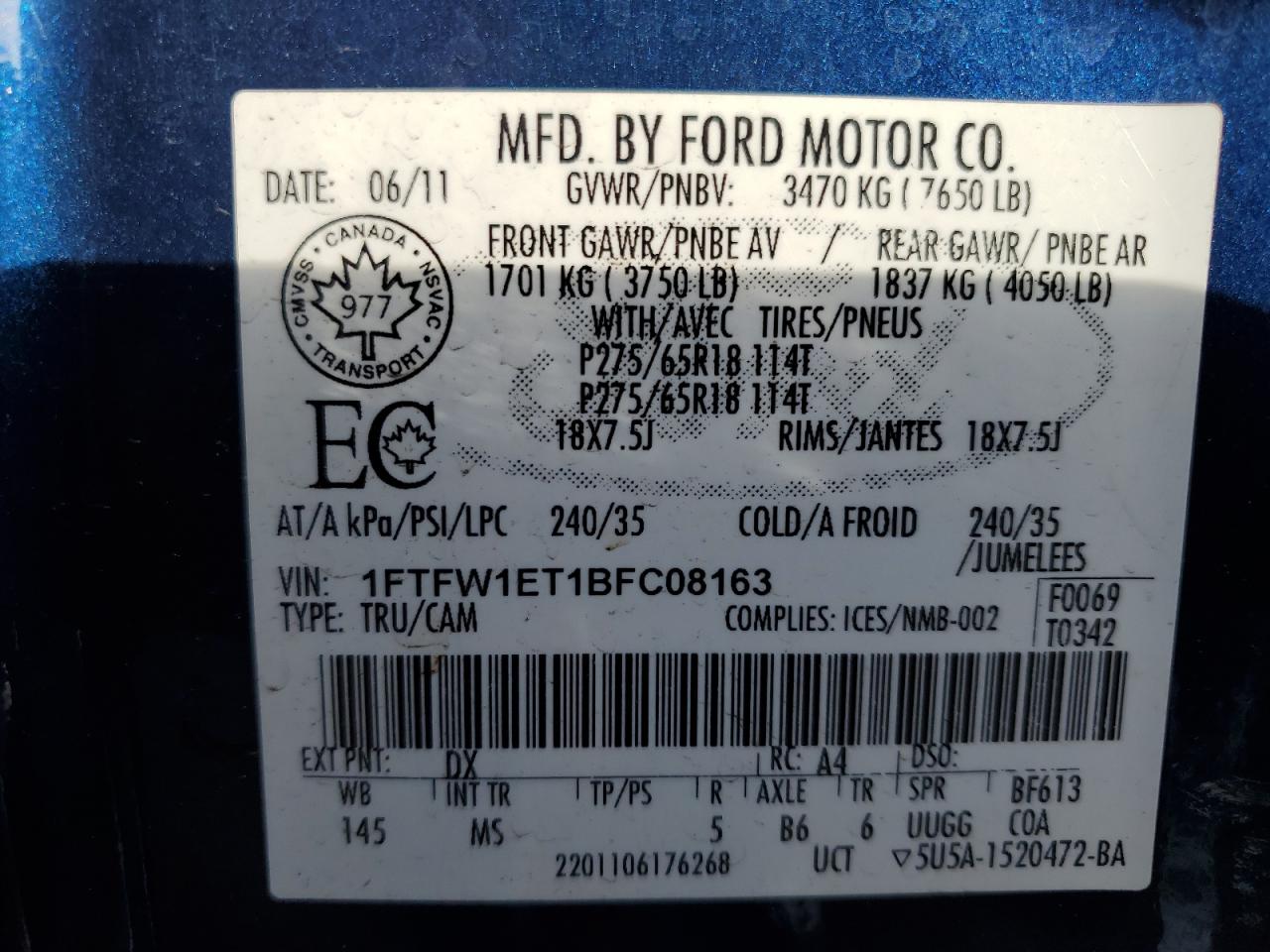 2011 Ford F-150 VIN 1FTFW1ET1BFC08163 Copart auction photo, front end damage thumbnail 12