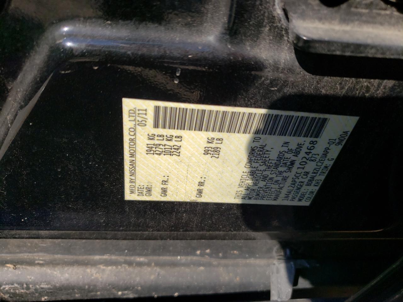 2012 Nissan Altima VIN 1N4AL2AP5CC102468 Copart auction photo, all over damage thumbnail 13